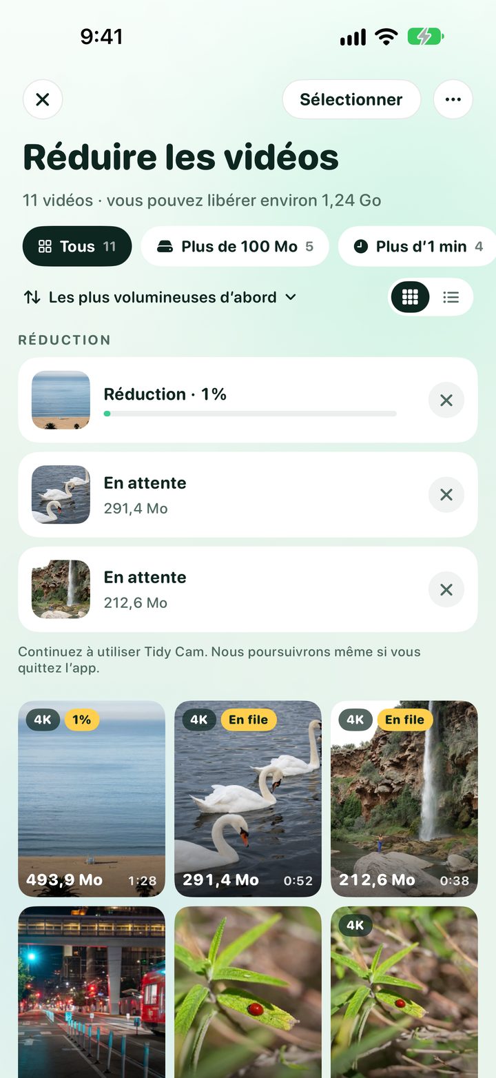 La file de réduction : une vidéo en cours et deux en attente