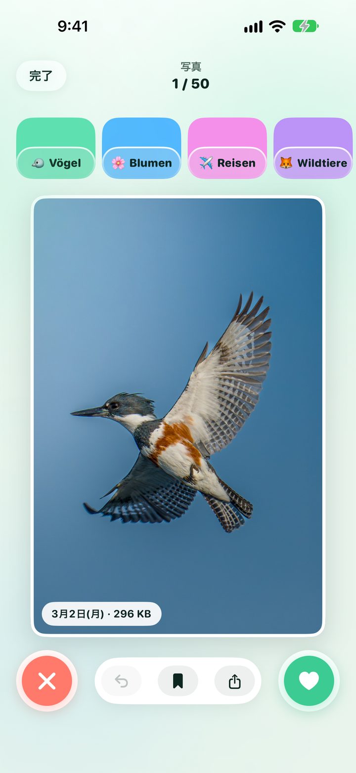 Tidy Camで写真を整理。写真を左右にスワイプして残すか削除する画面