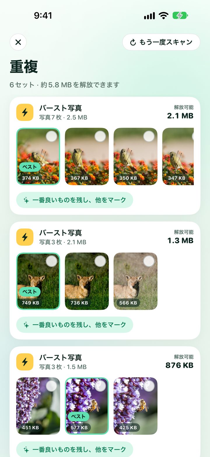 重複写真のセット。ベストショットと空けられる容量を表示