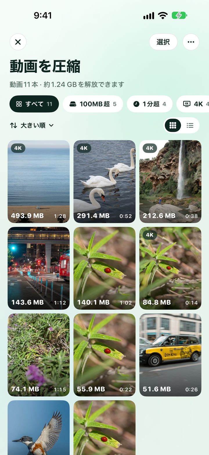 ビデオを圧縮する画面。サイズと大きなビデオのフィルタを表示