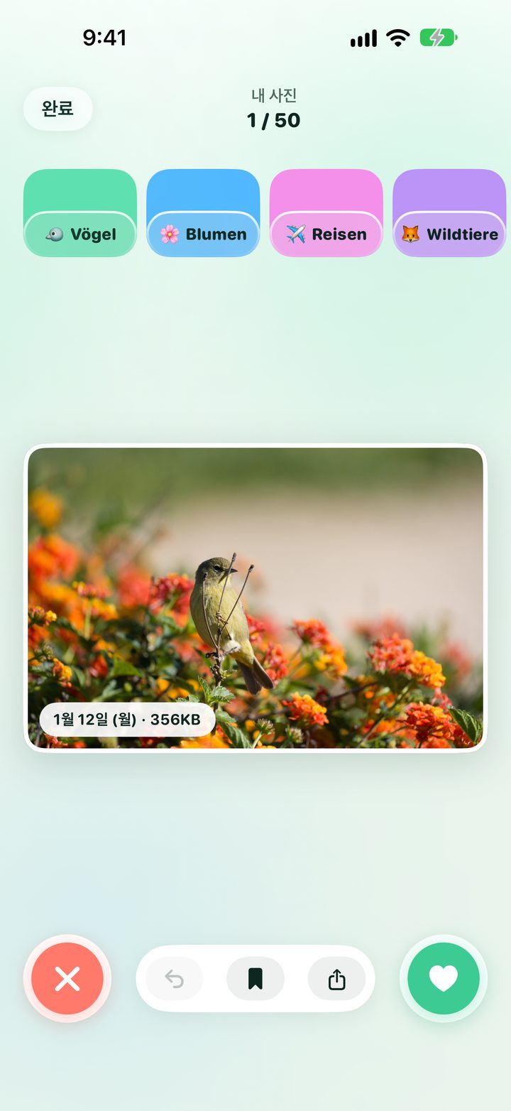 Tidy Cam으로 사진 정리하기. 사진을 좌우로 스와이프해 보관하거나 삭제하는 화면