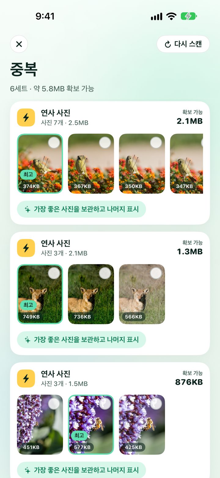 중복 사진 묶음. 최고의 사진과 확보할 수 있는 공간을 표시