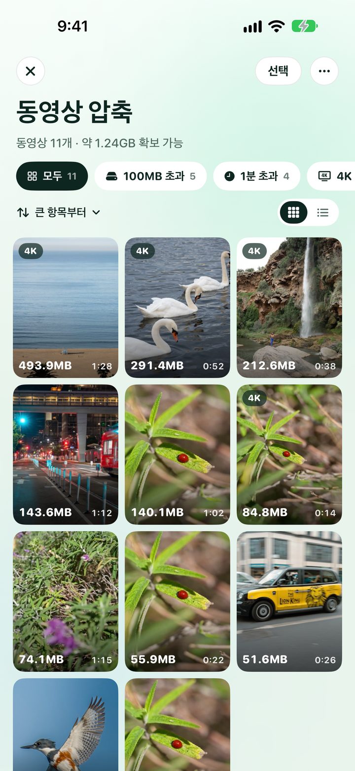 동영상 압축 화면. 동영상 크기와 큰 동영상 필터를 표시