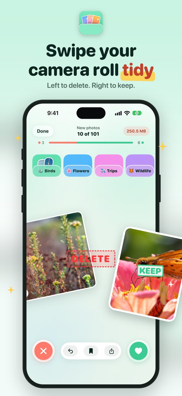 Swipe your camera roll tidy. Left to delete, right to keep.